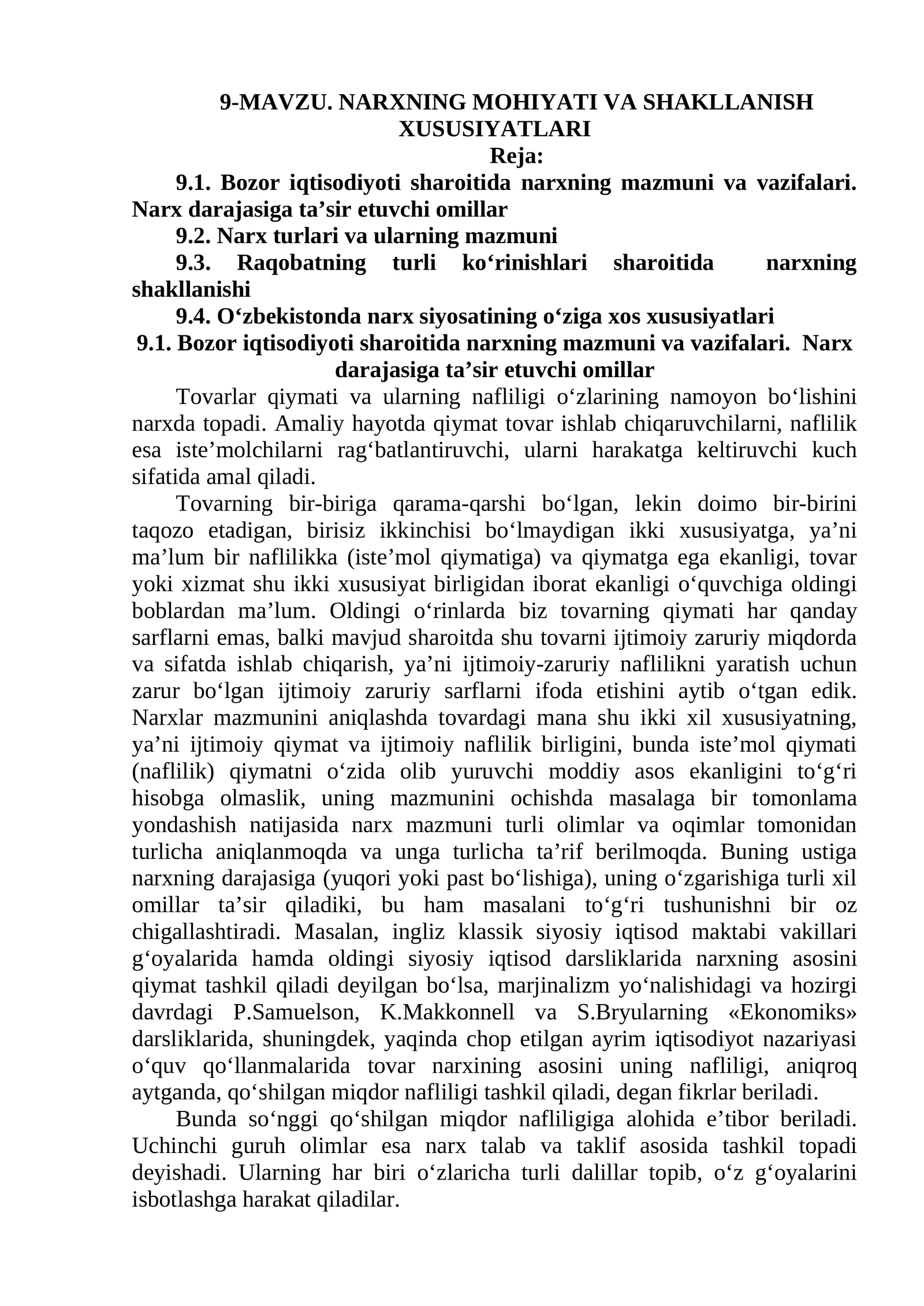 MAVZU. NARXNING MOHIYATI VA SHAKLLANISH XUSUSIYATLARI
