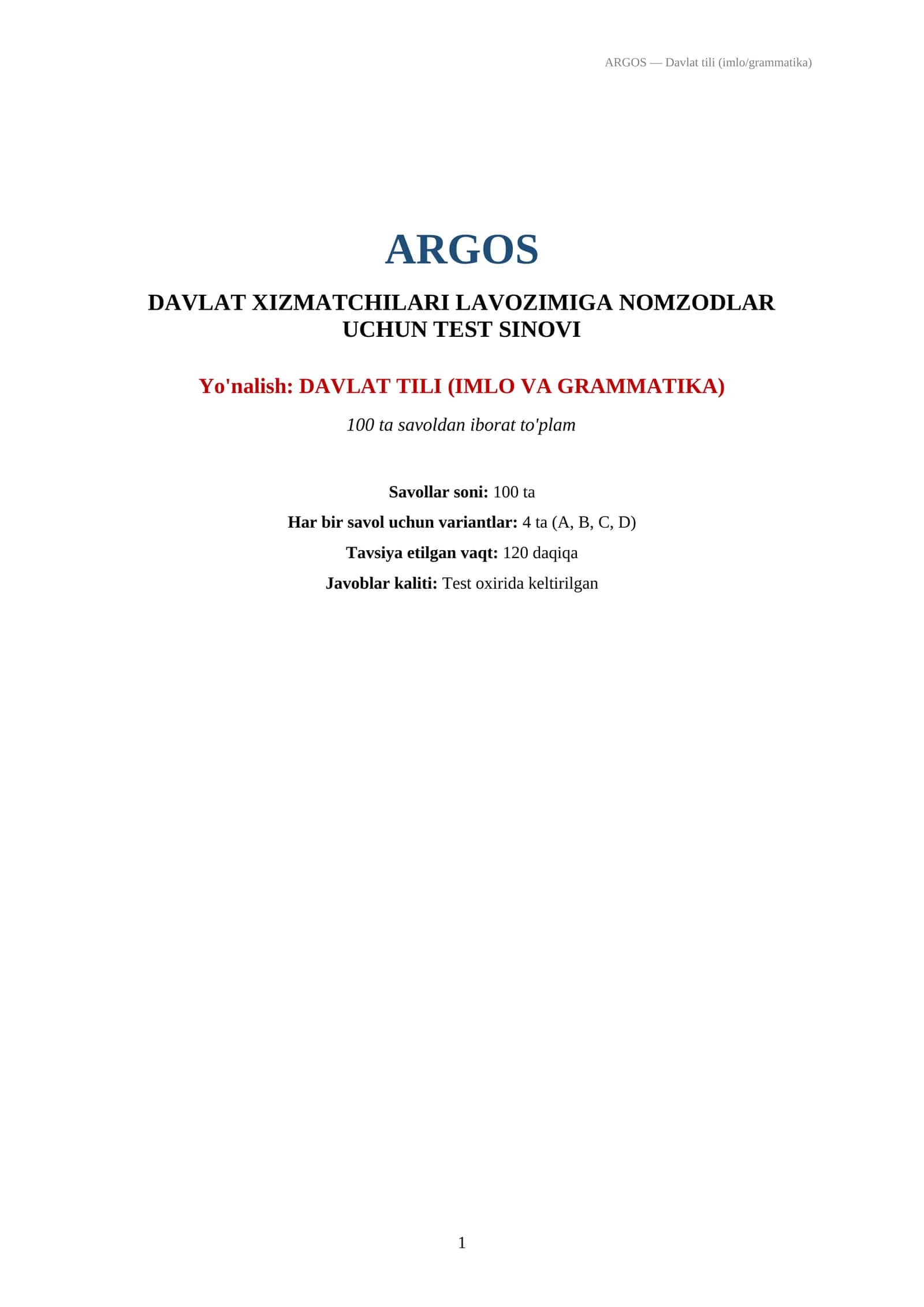 ARGOS — Davlat tili (imlo va grammatika) bo'yicha 100 talik test to'plami