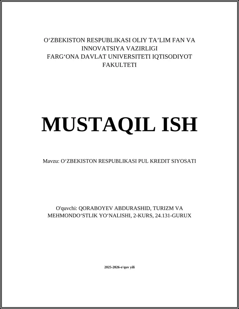 OʻZBEKISTON RESPUBLIKASI PUL KREDIT SIYOSATI