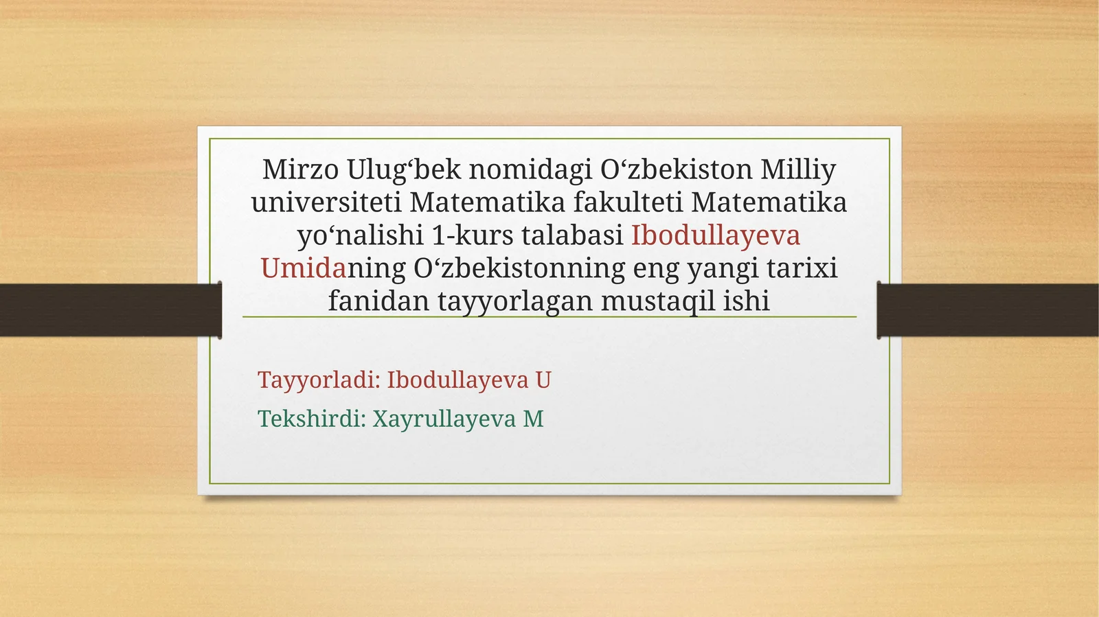 Oʻzbekistonning yangi tarixi fanidan tayyorlagan mustaqil ish