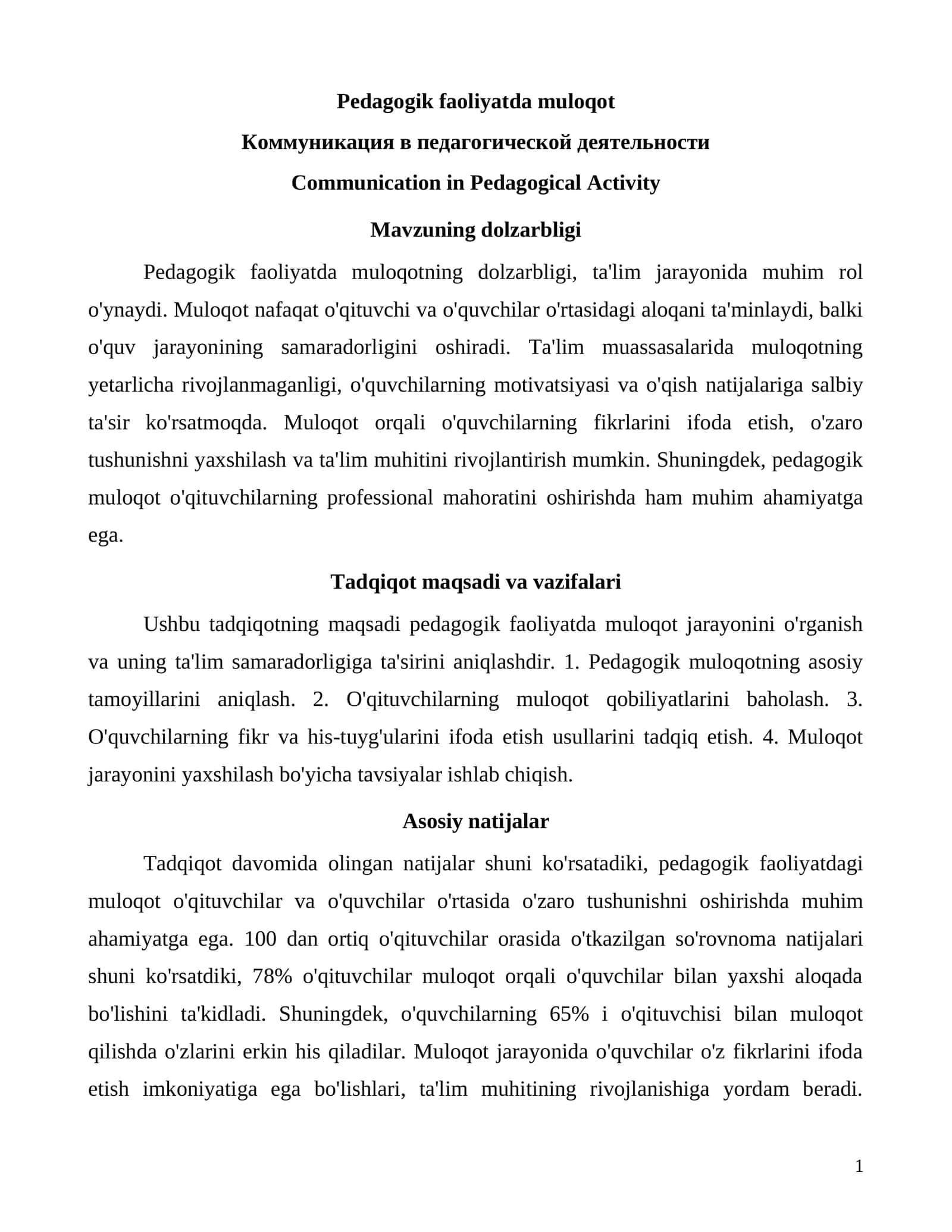 Pedagogik faoliyatda muloqot