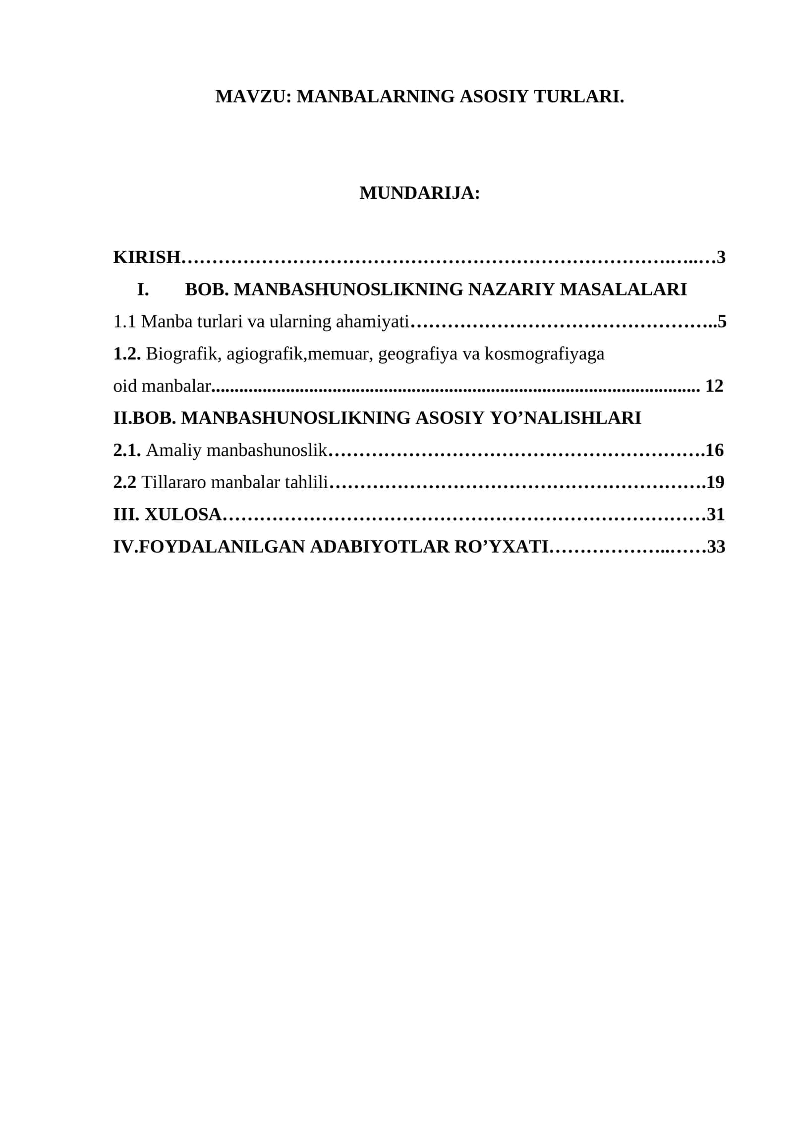MANBALARNING ASOSIY TURLARI