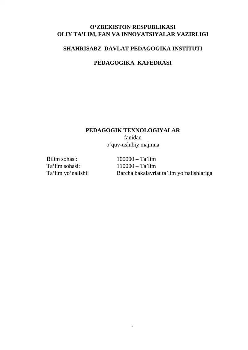 PEDAGOGIK TEXNOLOGIYALAR fanidan o‘quv-uslubiy majmua
