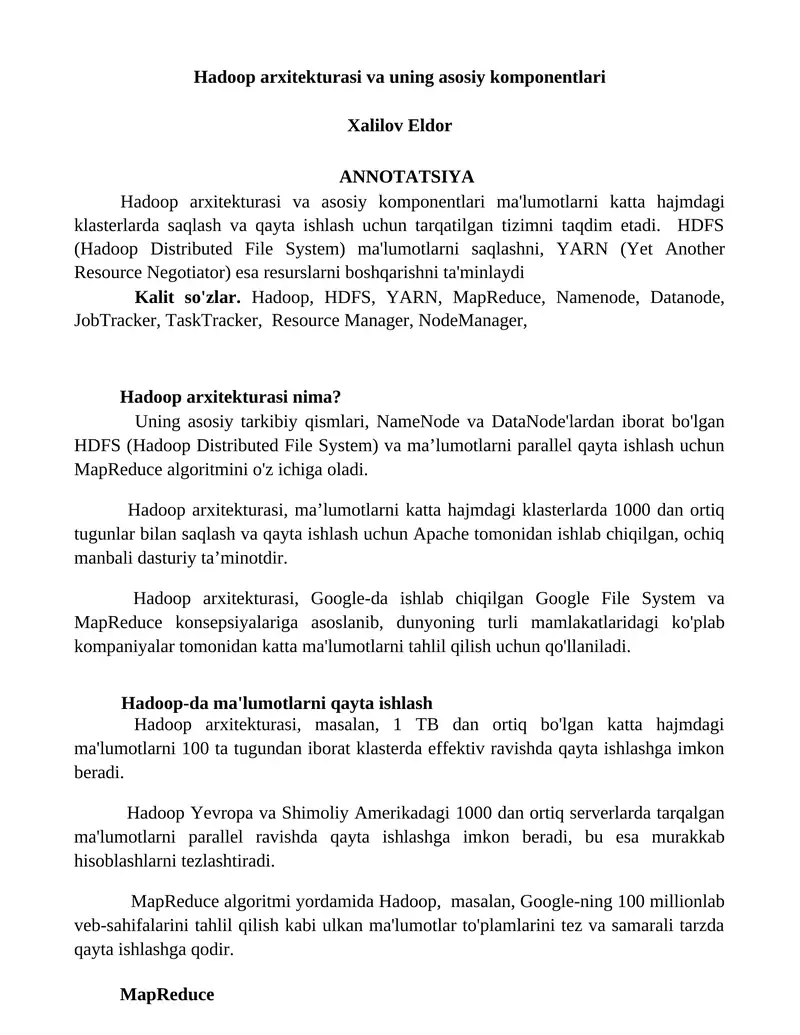 Hadoop arxitekturasi va uning asosiy komponentlari