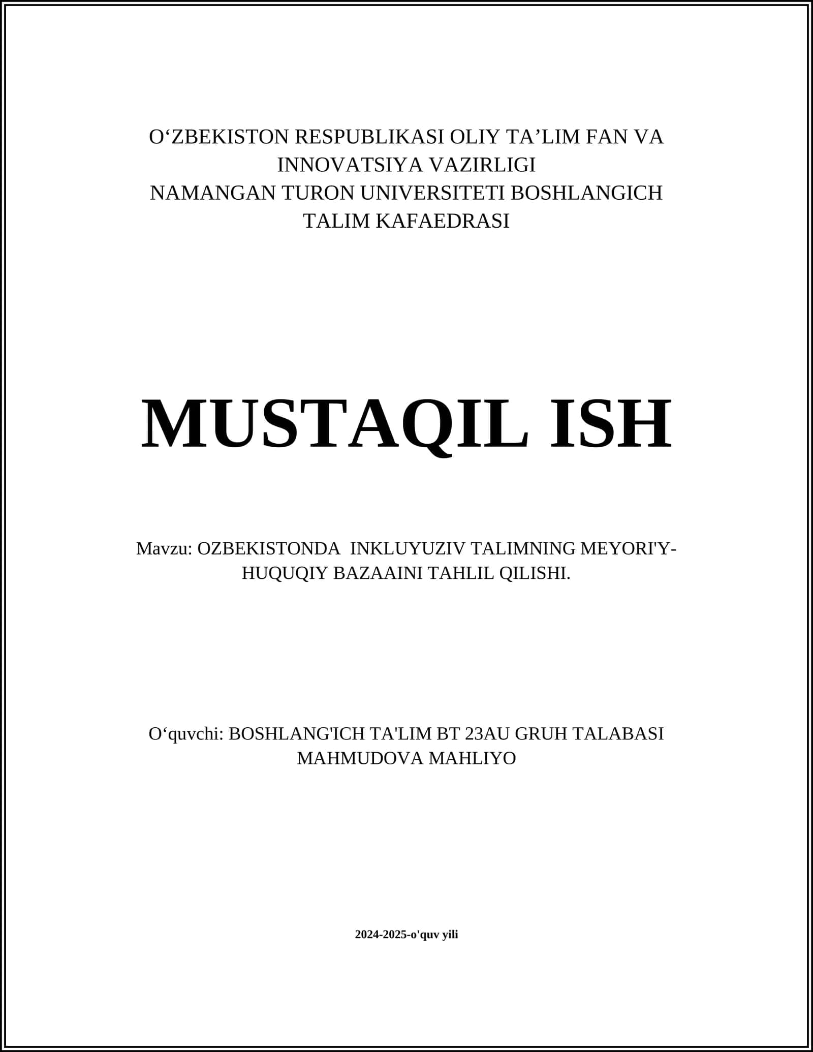 O‘zbekistonda inkluziv talimning meyoriy-huquqiy bazaa ini tahlil qilish