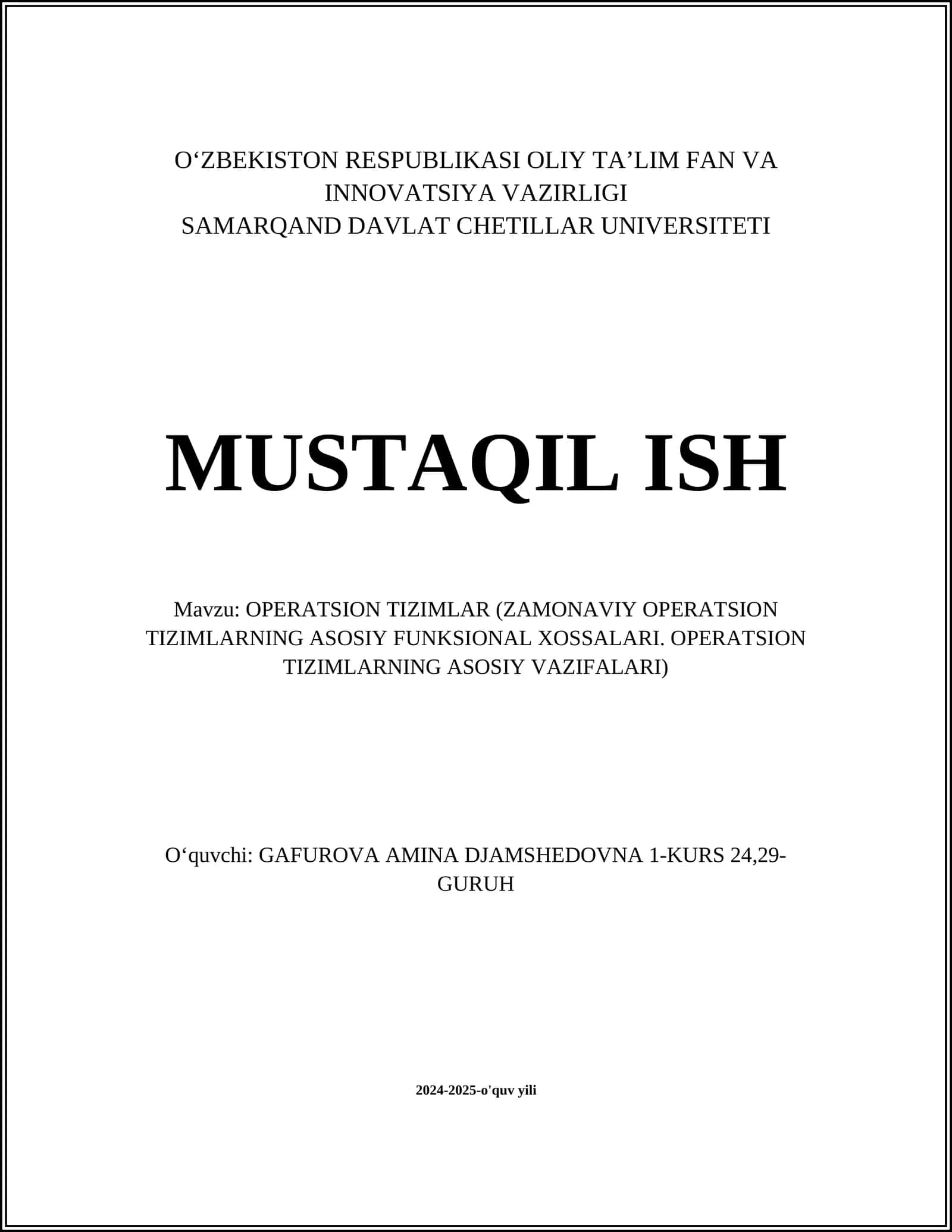 OPERATSION TIZIMLAR (ZAMONAVIY OPERATSION TIZIMLARNING ASOSIY FUNKSIONAL XOSSALARI. OPERATSION TIZIMLARNING ASOSIY VAZIFALARI)