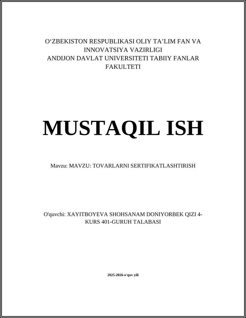 TOVARLARNI SERTIFIKATLASHTIRISH
