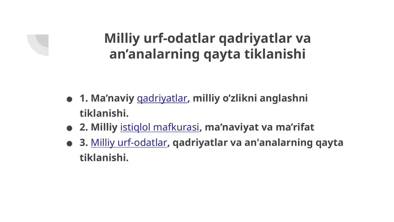 Milliy urf-odatlar qadriyatlar va an'analarning qayta tiklanishi
