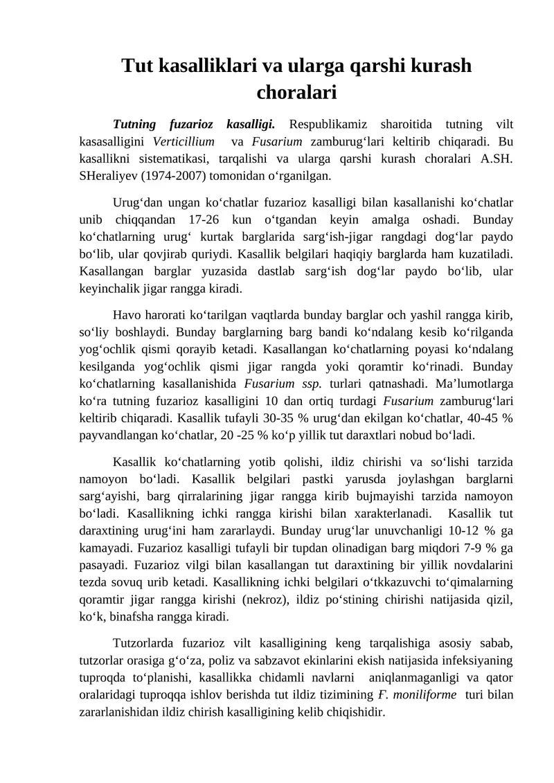 Tut kasalliklari va ularga qarshi kurash choralari