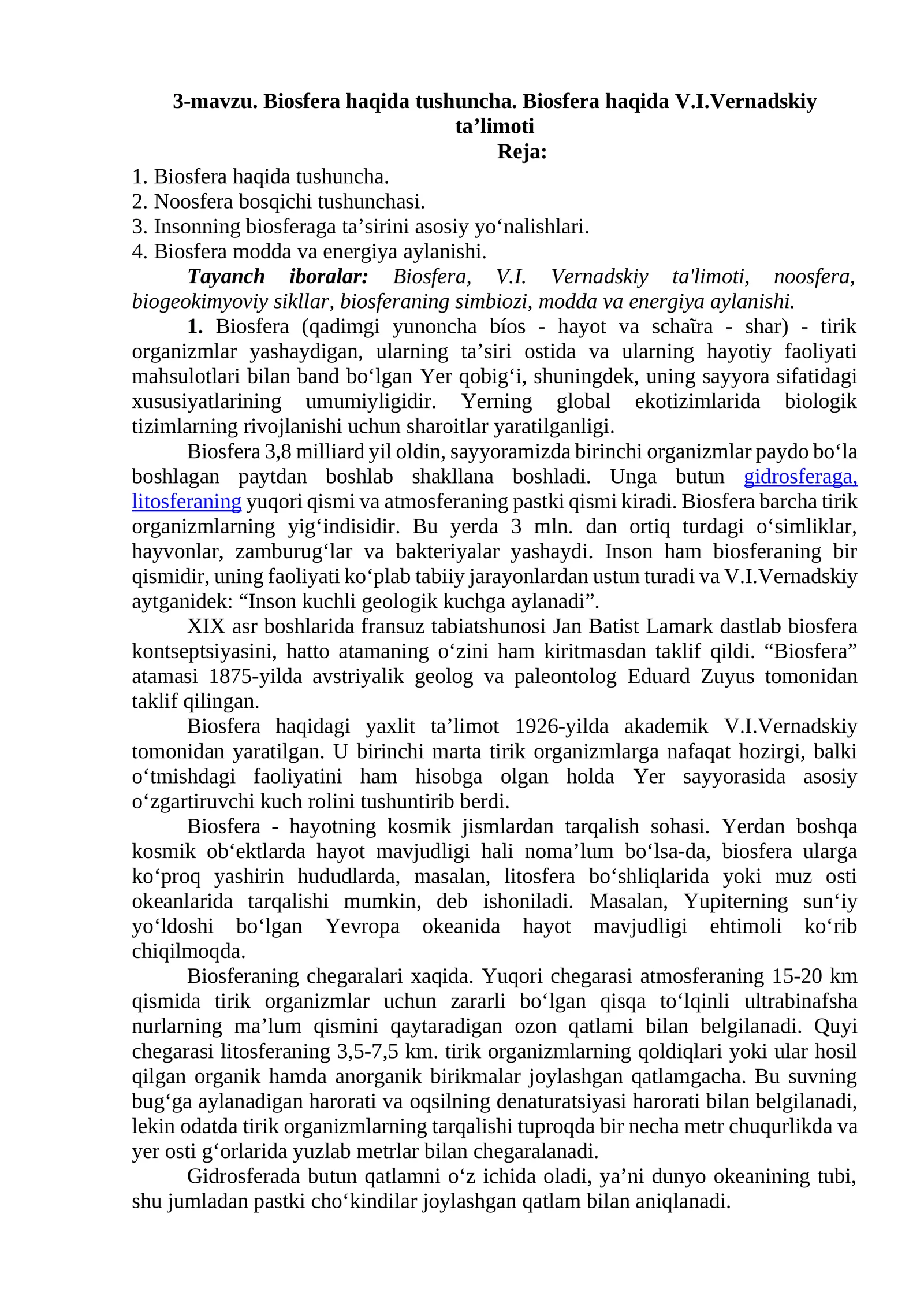Biosfera haqida tushuncha. Biosfera haqida V.I.Vernadskiy ta’limoti