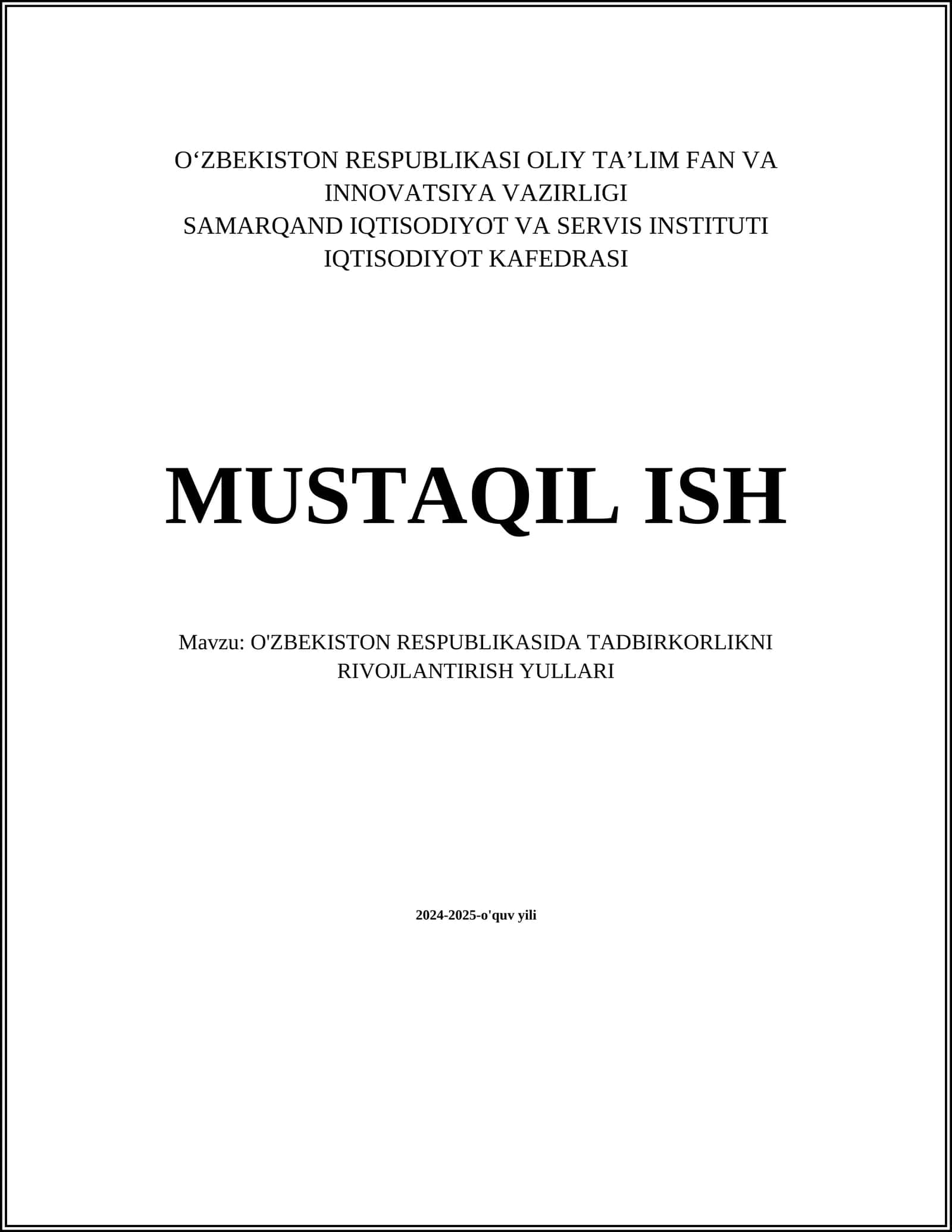 O'ZBEKISTON RESPUBLIKASI OLIY TA’LIM FAN VA INNOVATSIYA VAZIRLIGI