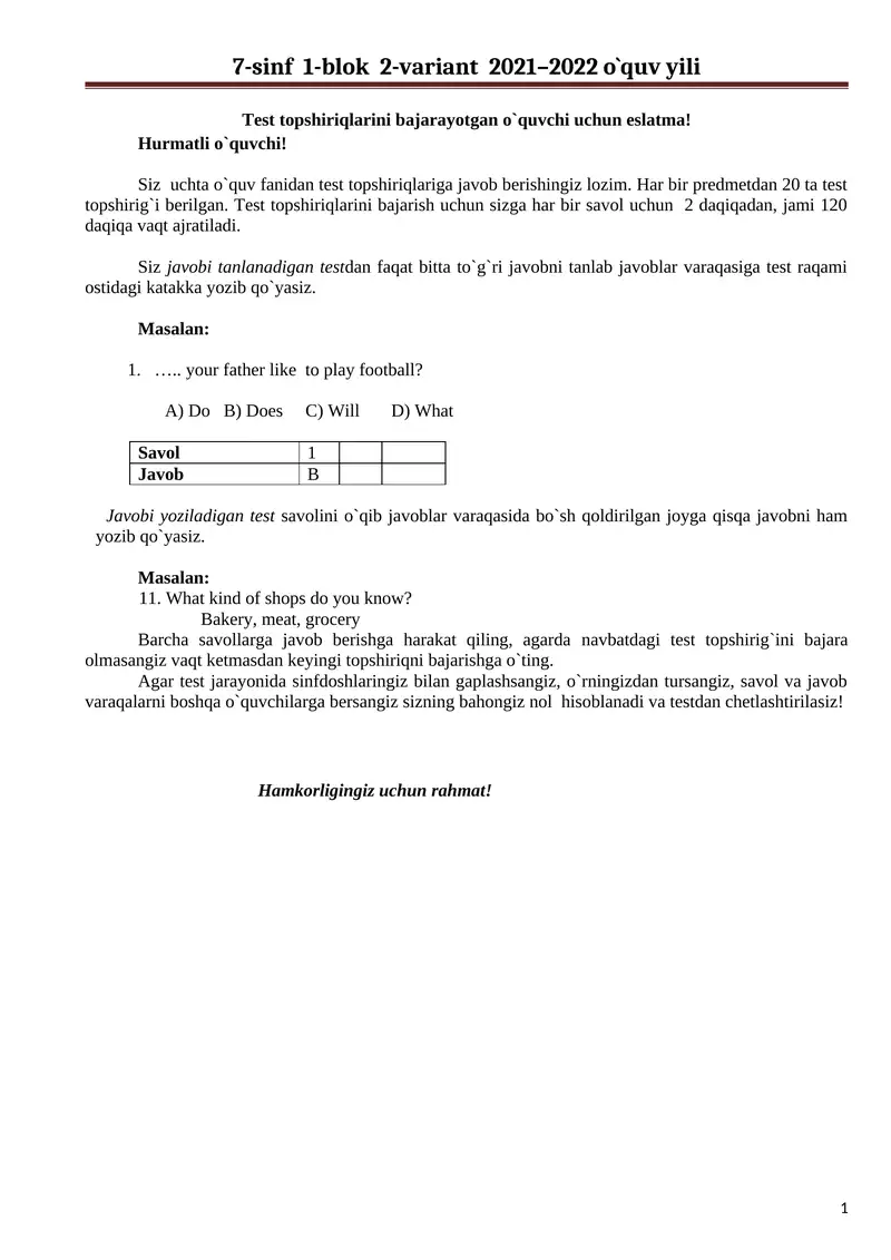7-sinf 1-blok 2-variant 2021–2022 o`quv yili