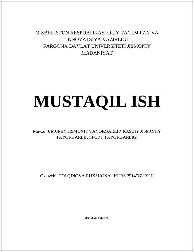 UMUMIY JISMONIY TAYORGARLIK KASBIY JISMONIY TAYORGARLIK SPORT TAYORGARLIGI
