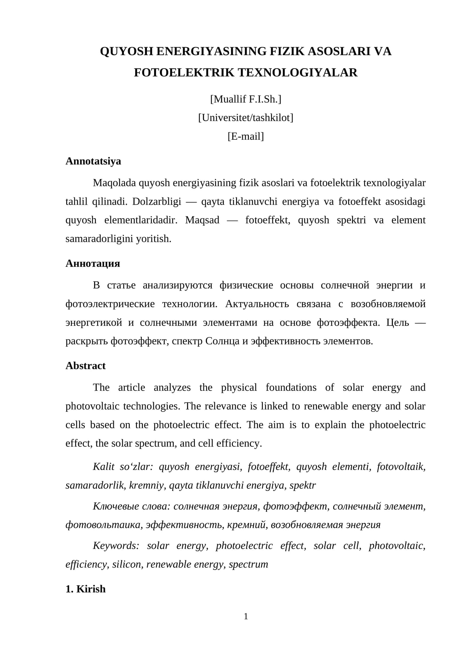 QUYOSH ENERGIYASINING FIZIK ASOSLARI VA FOTOELEKTRIK TEXNOLOGIYALAR