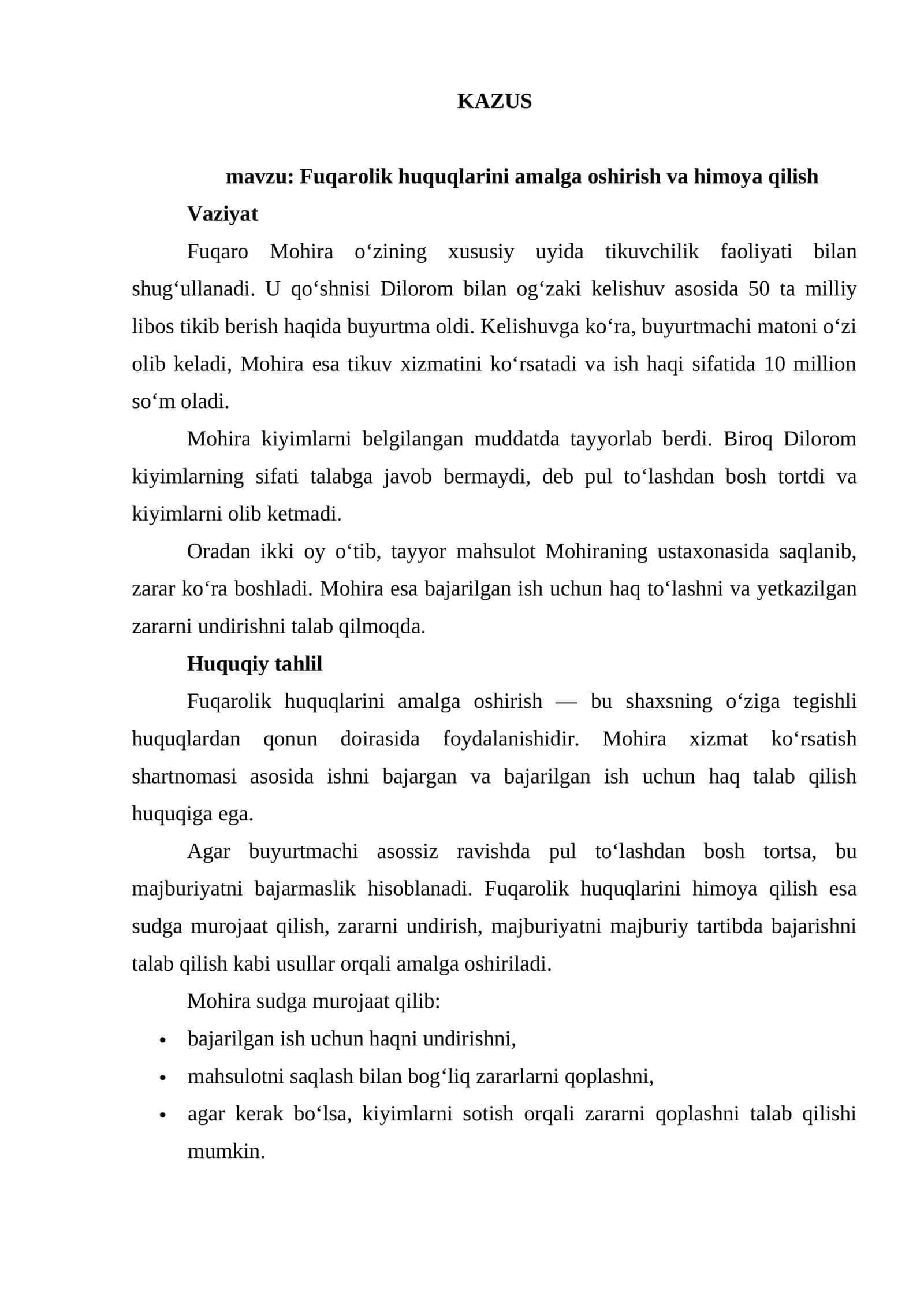 KAZUS Fuqarolik huquqlarini amalga oshirish va himoya qilish