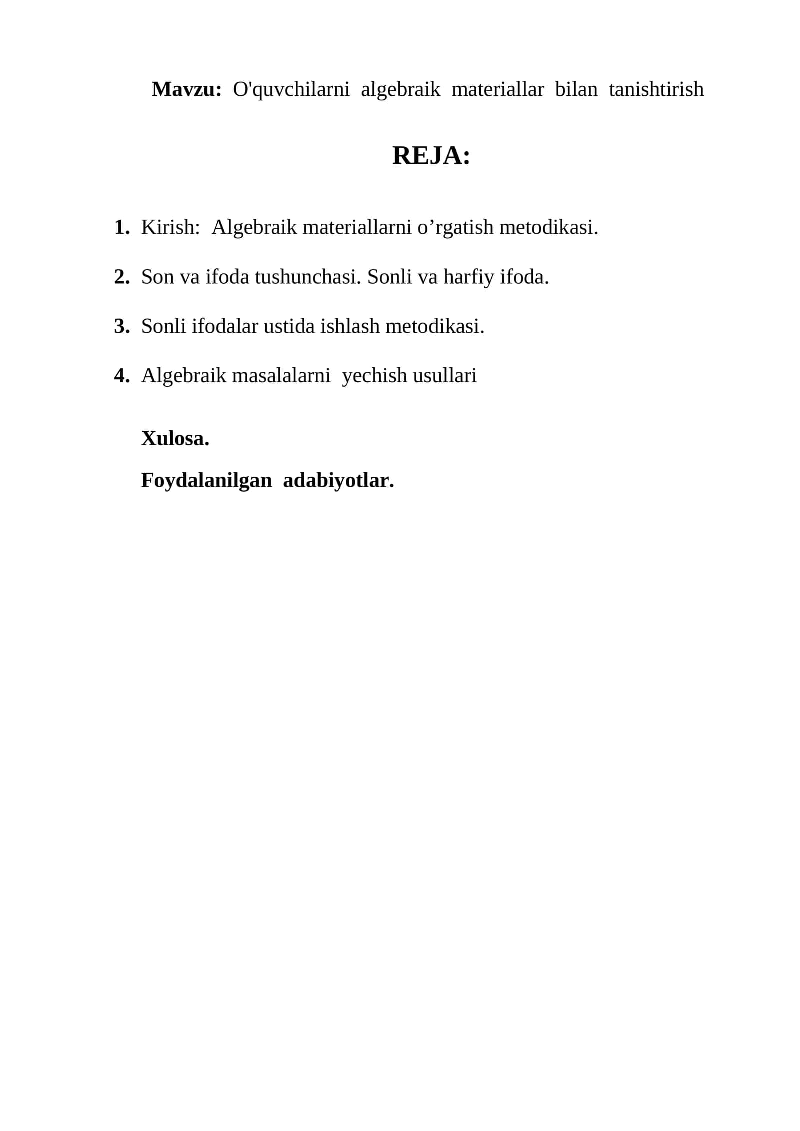 O'quvchilarni algebraik materiallar bilan tanishtirish