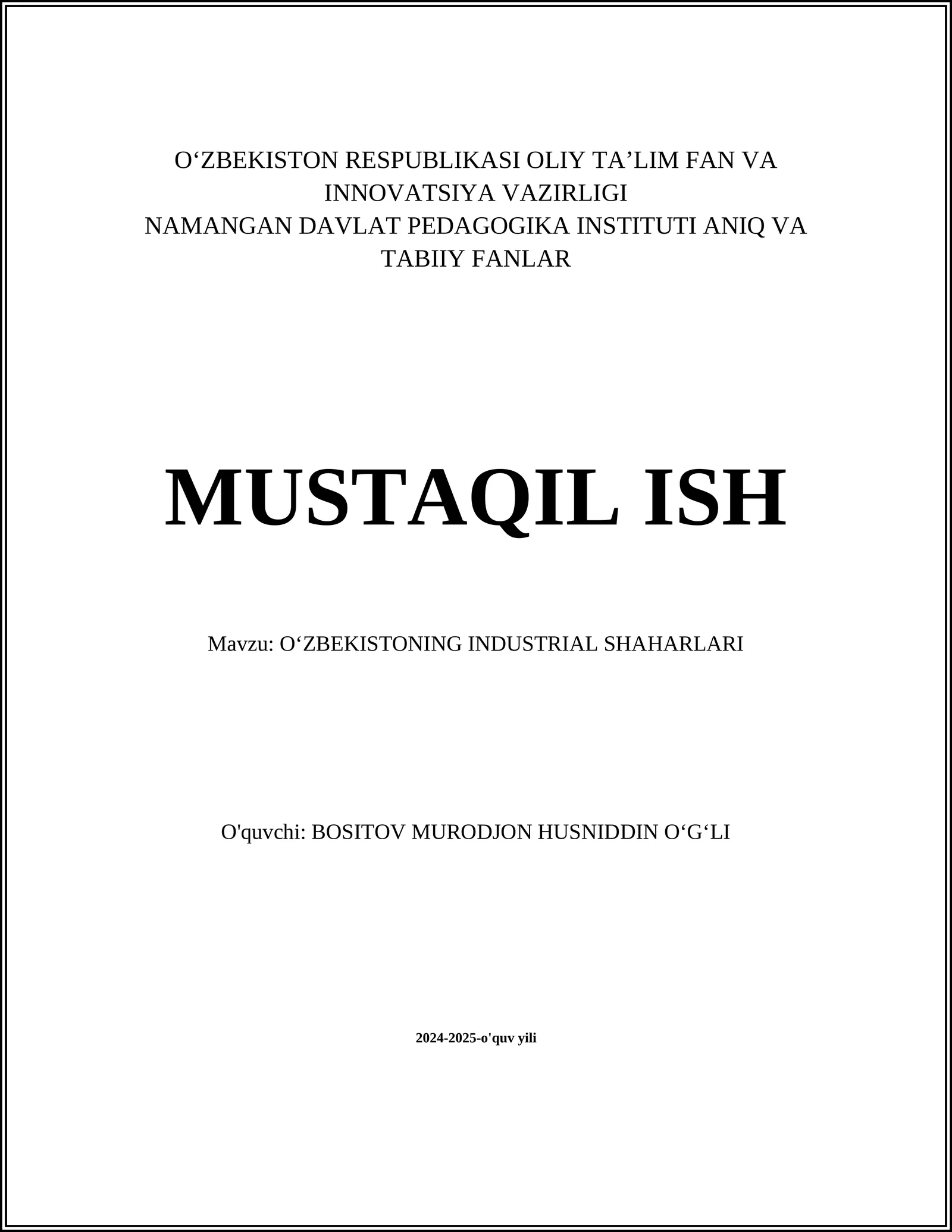 OʻZBEKISTONNING INDUSTRIAL SHAHARLARI
