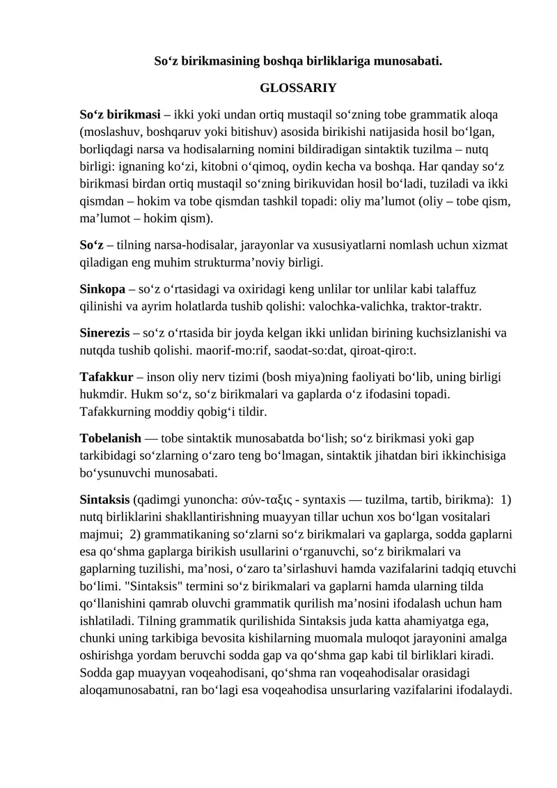 Soʻz birikmasining boshqa birliklariga munosabati