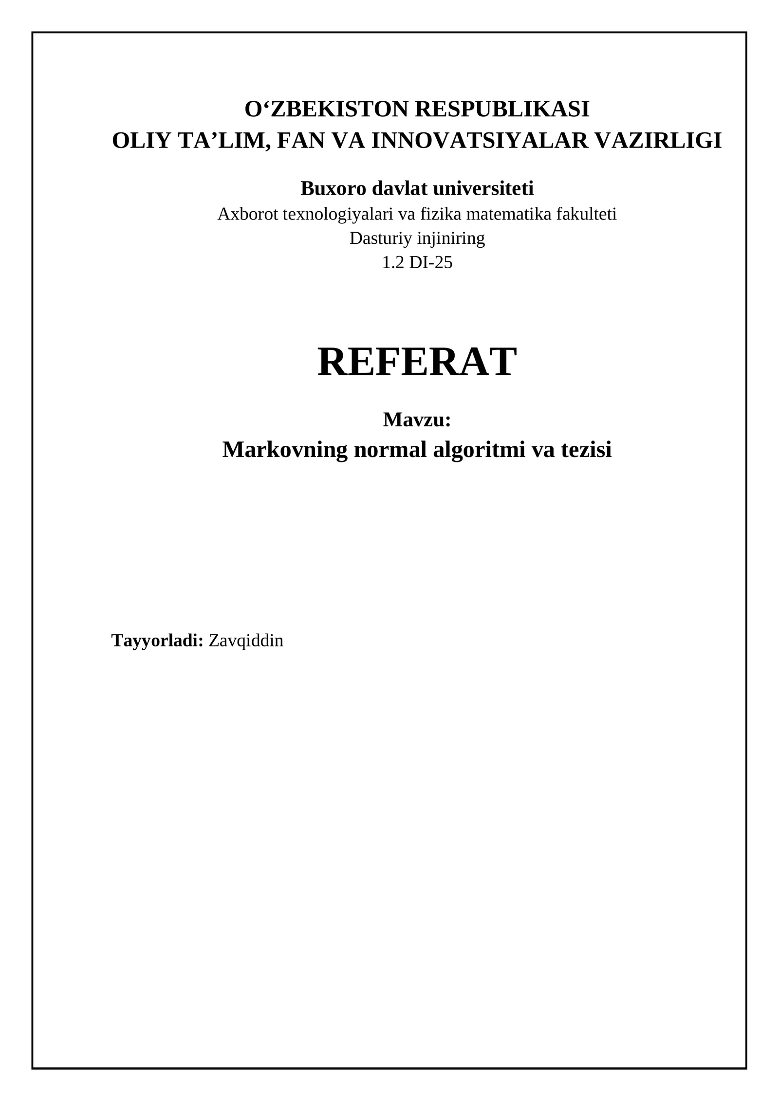 Markovning normal algoritmi va tezisi