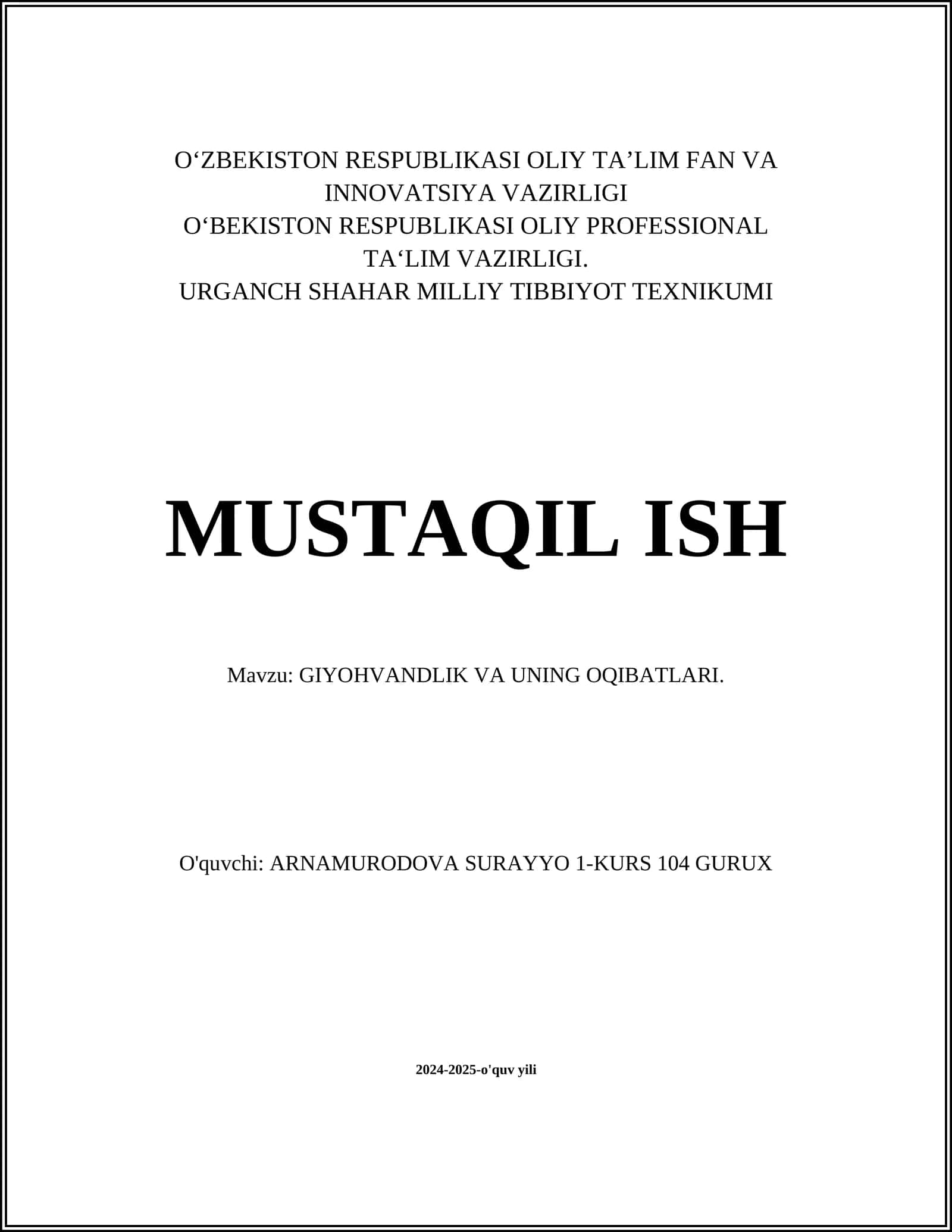 GIYOHVANDLIK VA UNING OQIBATLARI