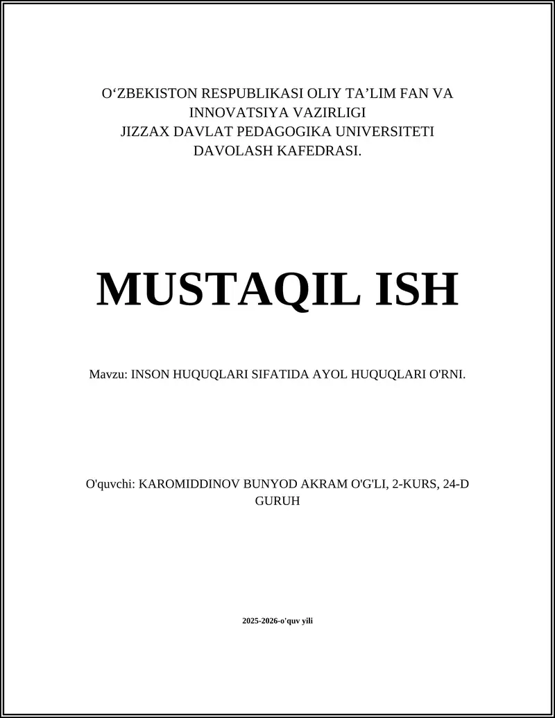 INSON HUQUQLARI SIFATIDA AYOL HUQUQLARI O'RNI