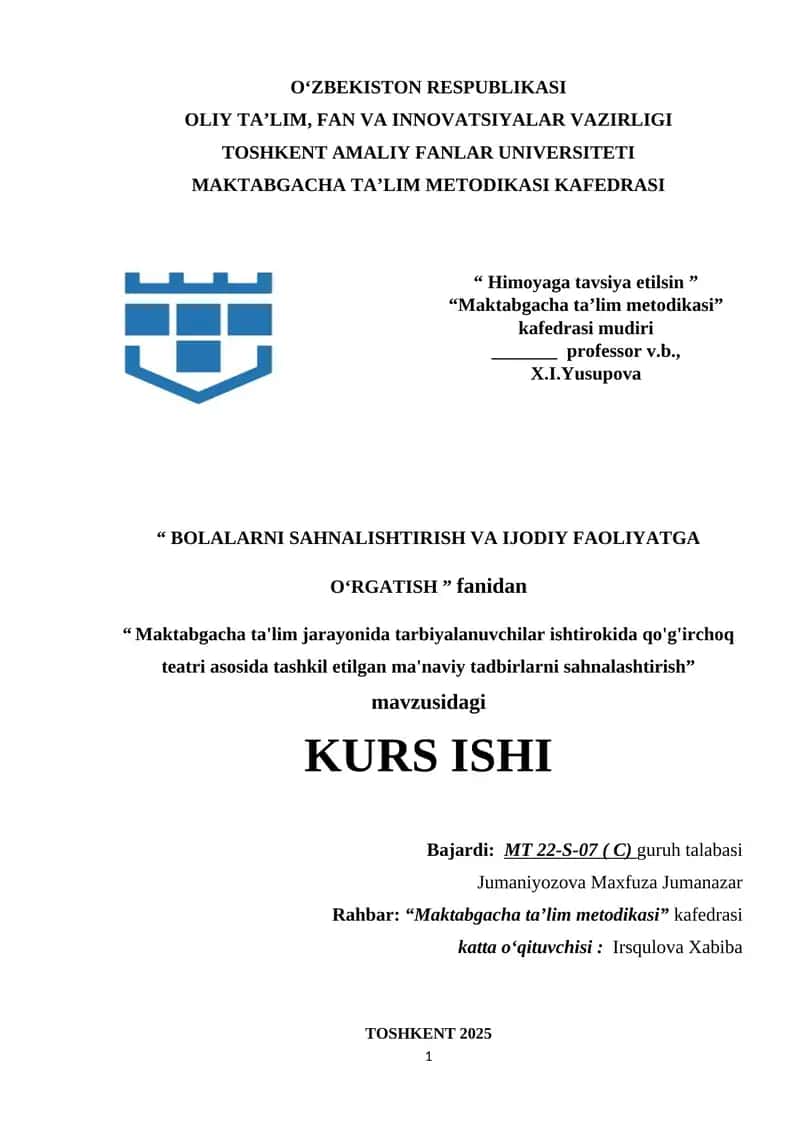 Maktabgacha ta'lim jarayonida tarbiyalanuvchilar ishtirokida qo'g'irchoq teatri asosida tashkil etilgan ma'naviy tadbirlarni sahnalashtirish2.docx