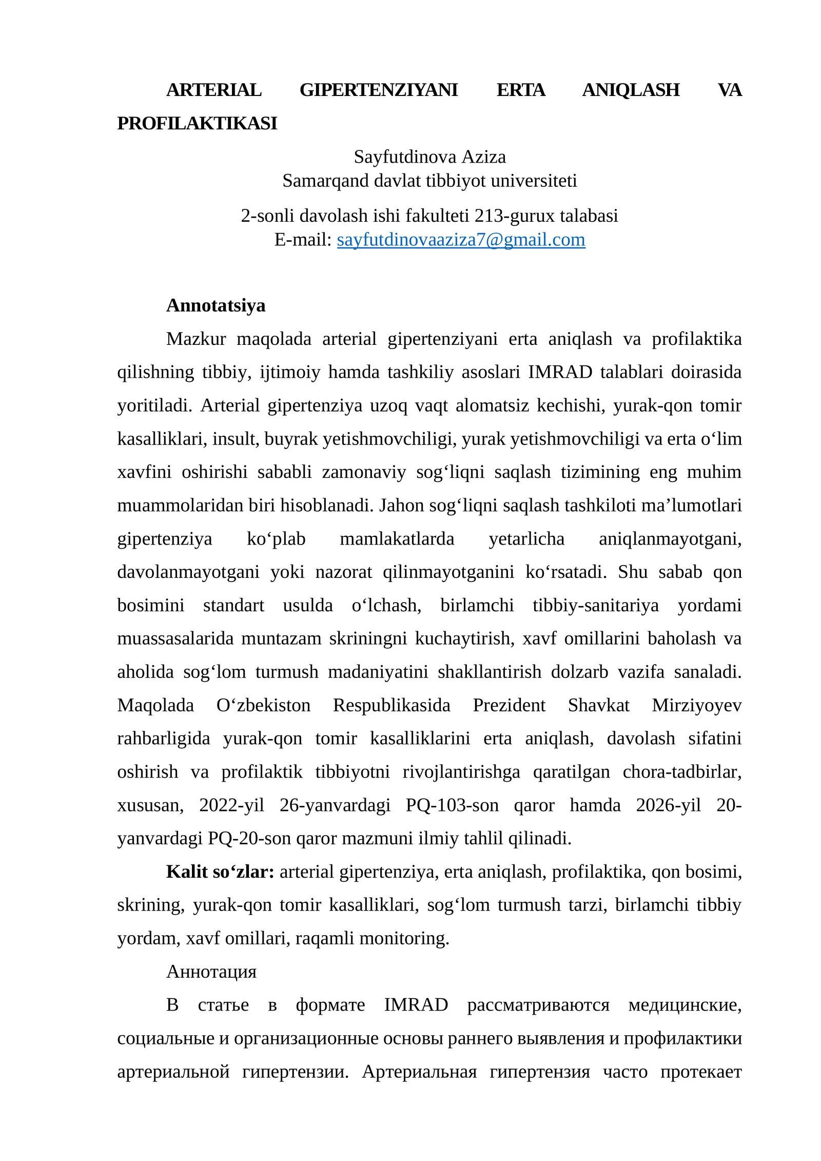 ARTERIAL GIPERTENZIYANI ERTA ANIQLASH VA PROFILAKTIKASI