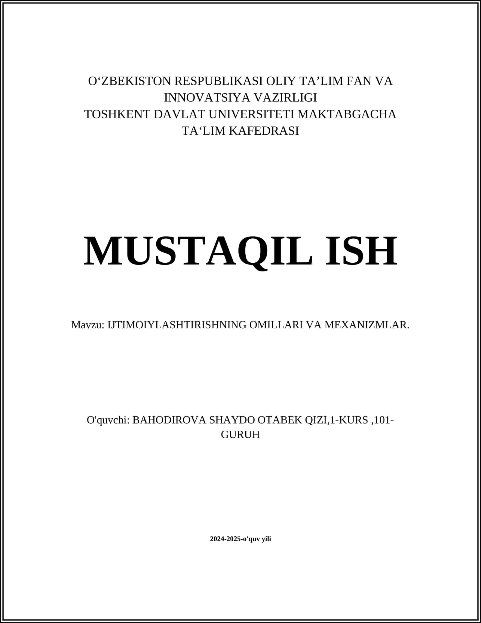IJTIMOIYLASHTIRISHNING OMILLARI VA MEXANIZMLAR