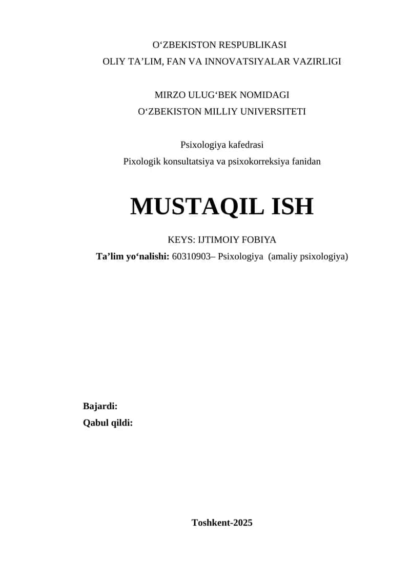 Psixologik konsultatsiya va psixokorreksiya fanidan MUSTAQIL ISH