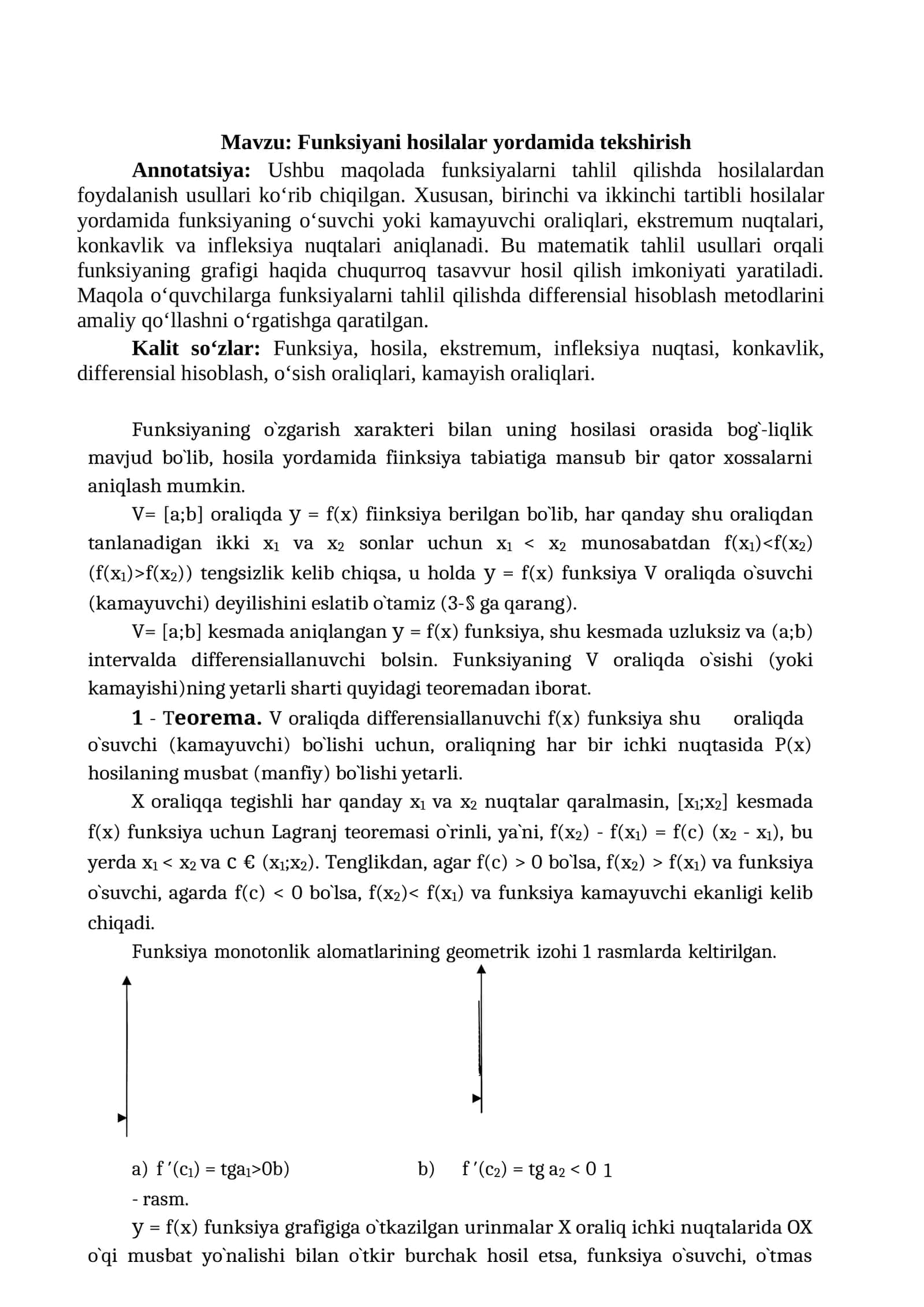 Funksiyani hosilalar yordamida tekshirish