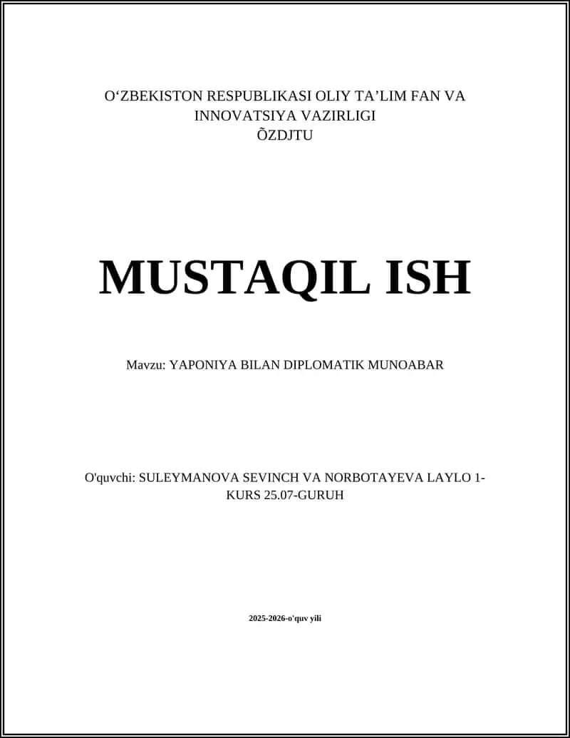 YAPONIYA BILAN DIPLOMATIK MUNOABAR