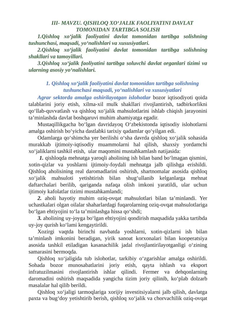 Qishloq xo‘jalik faoliyatini davlat tomonidan tartibga solish