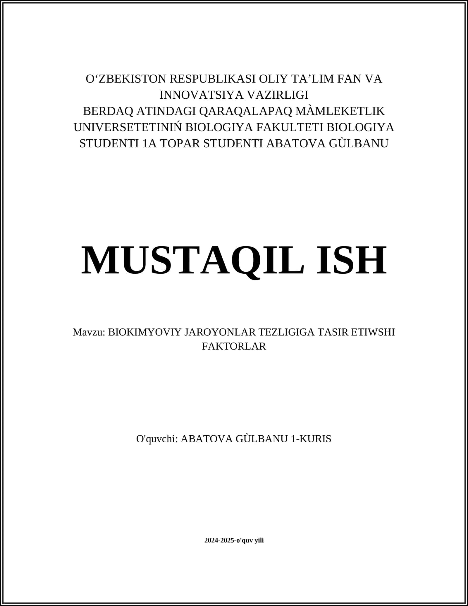 BIOKIMYOVIY JAROYONLAR TEZLIGIGA TASIR ETIWSHI FAKTORLAR