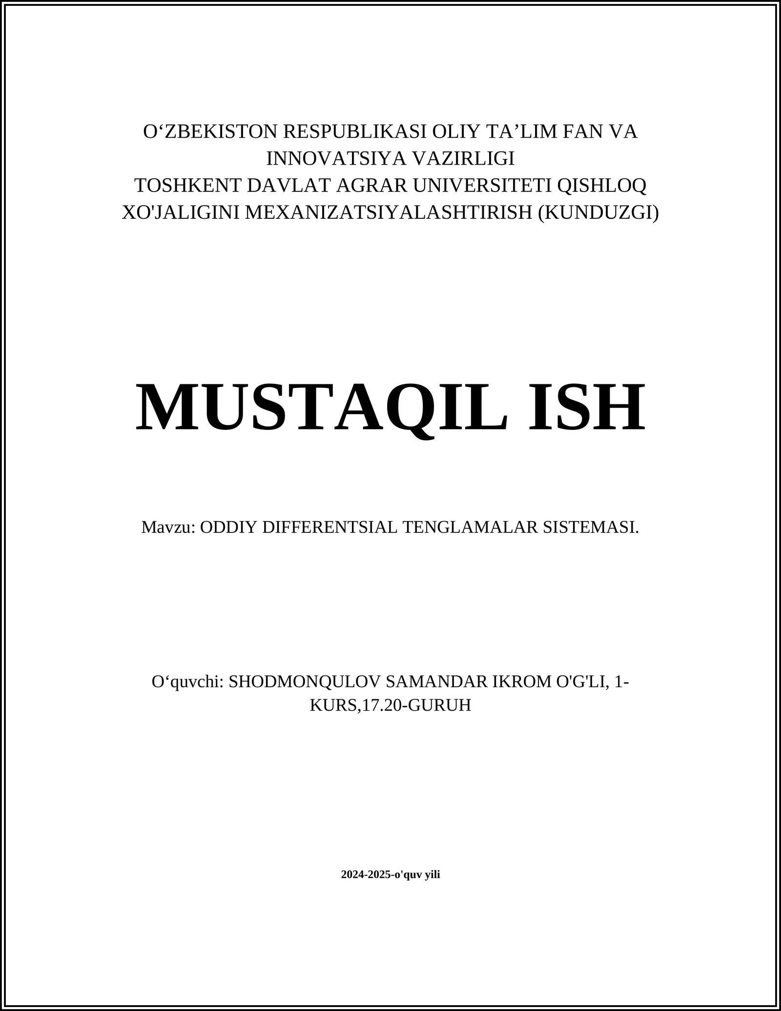 ODDIY DIFFERENTSIAL TENGLAMALAR SISTEMASI