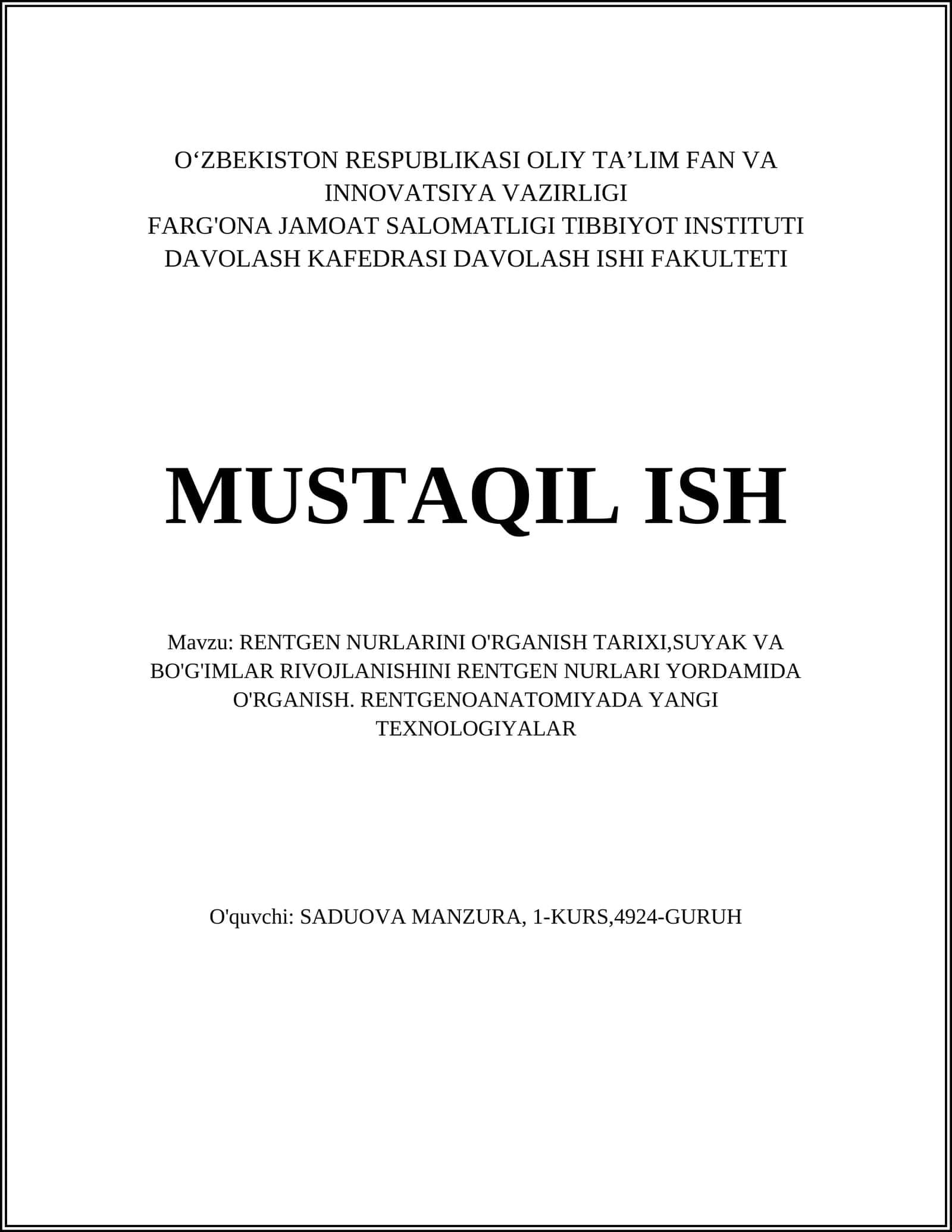 RENTGEN NURLARINI O'RGANISH TARIXI
