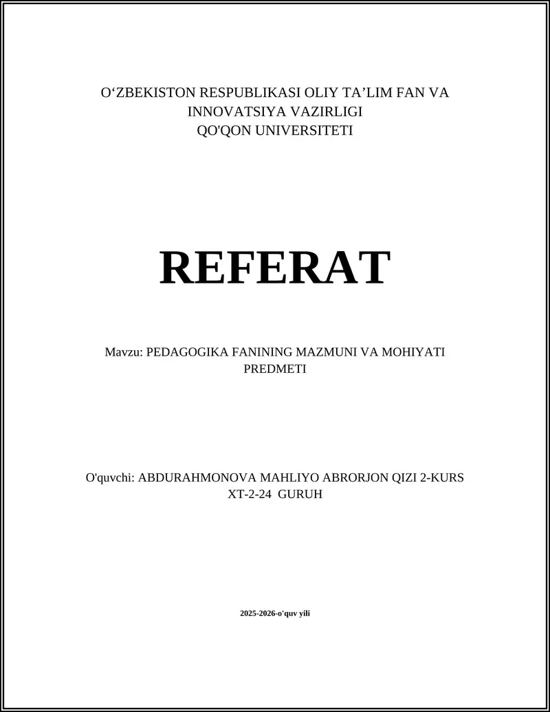 PEDAGOGIKA FANINING MAZMUNI VA MOHIYATI PREDMETI