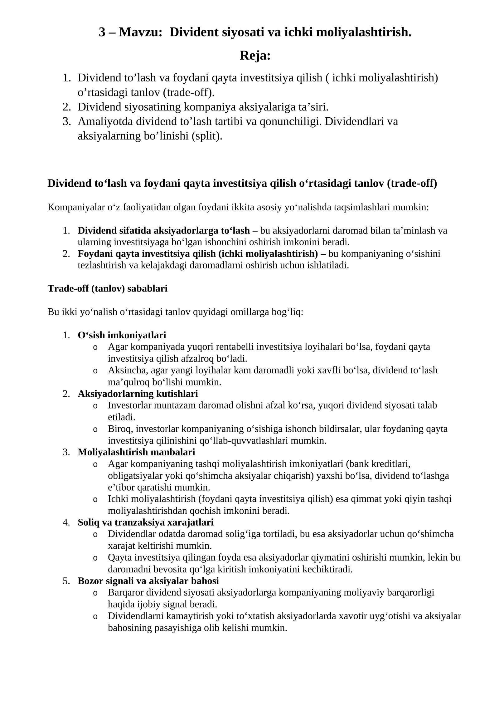 Divident siyosati va ichki moliyalashtirish