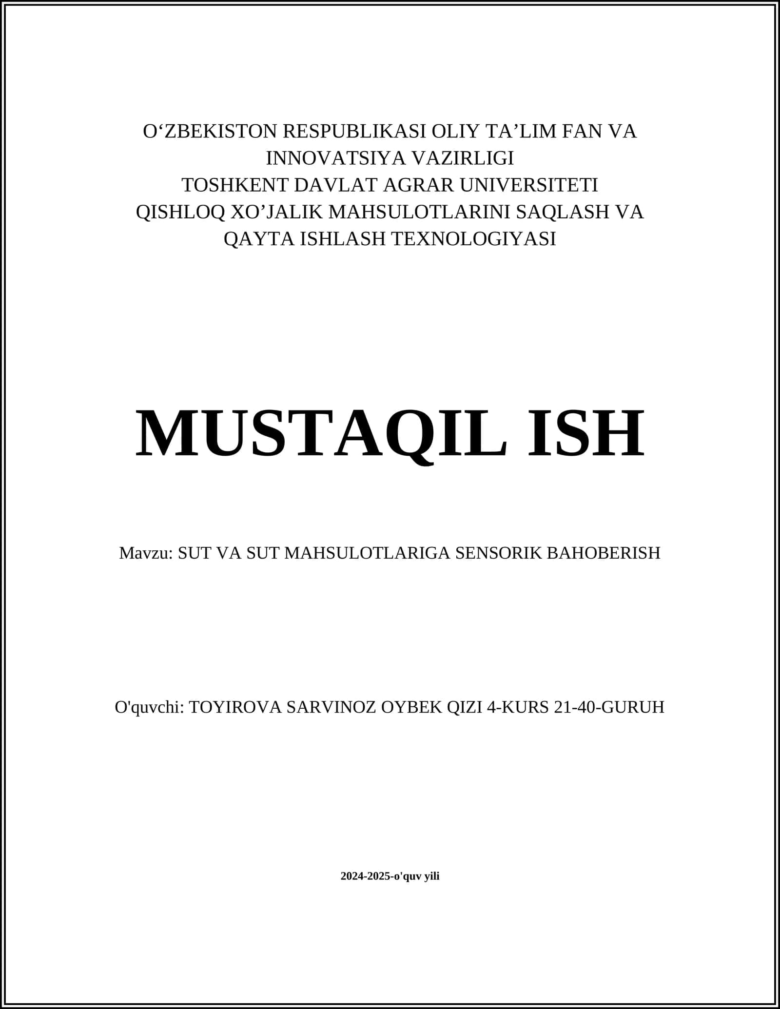 SUT VA SUT MAHSULOTLARIGA SENSORIK BAHOBERISH