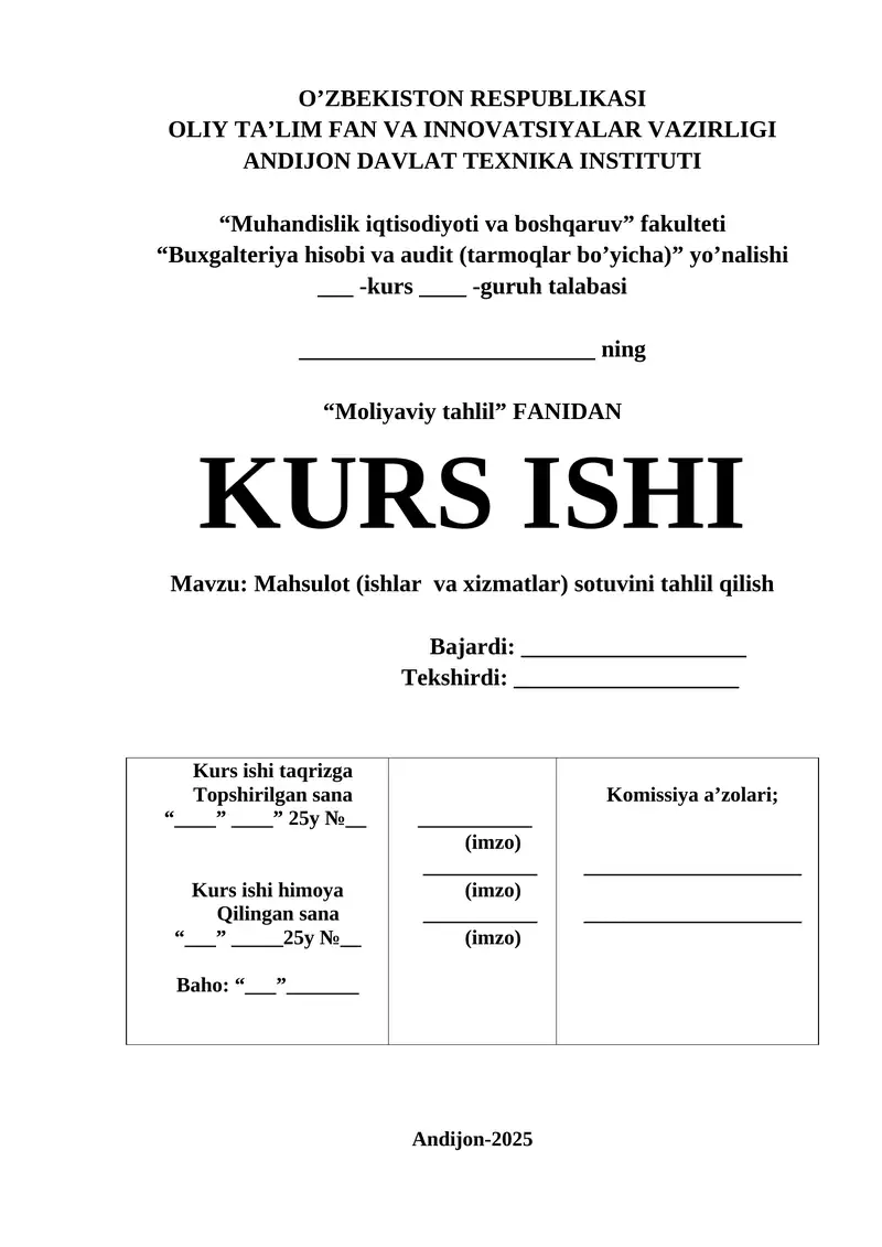 Mahsulot (ishlar va xizmatlar) sotuvini tahlil qilish