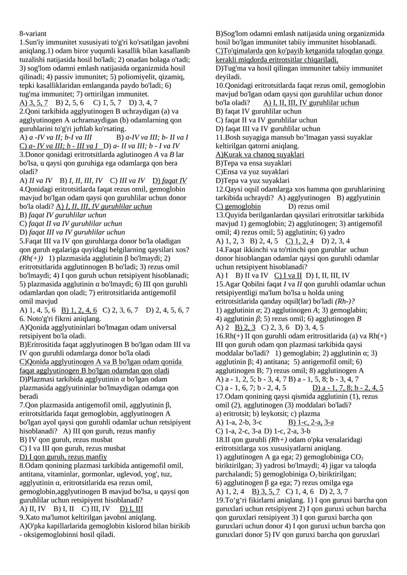 qon mavzusida test Biologiya javobli