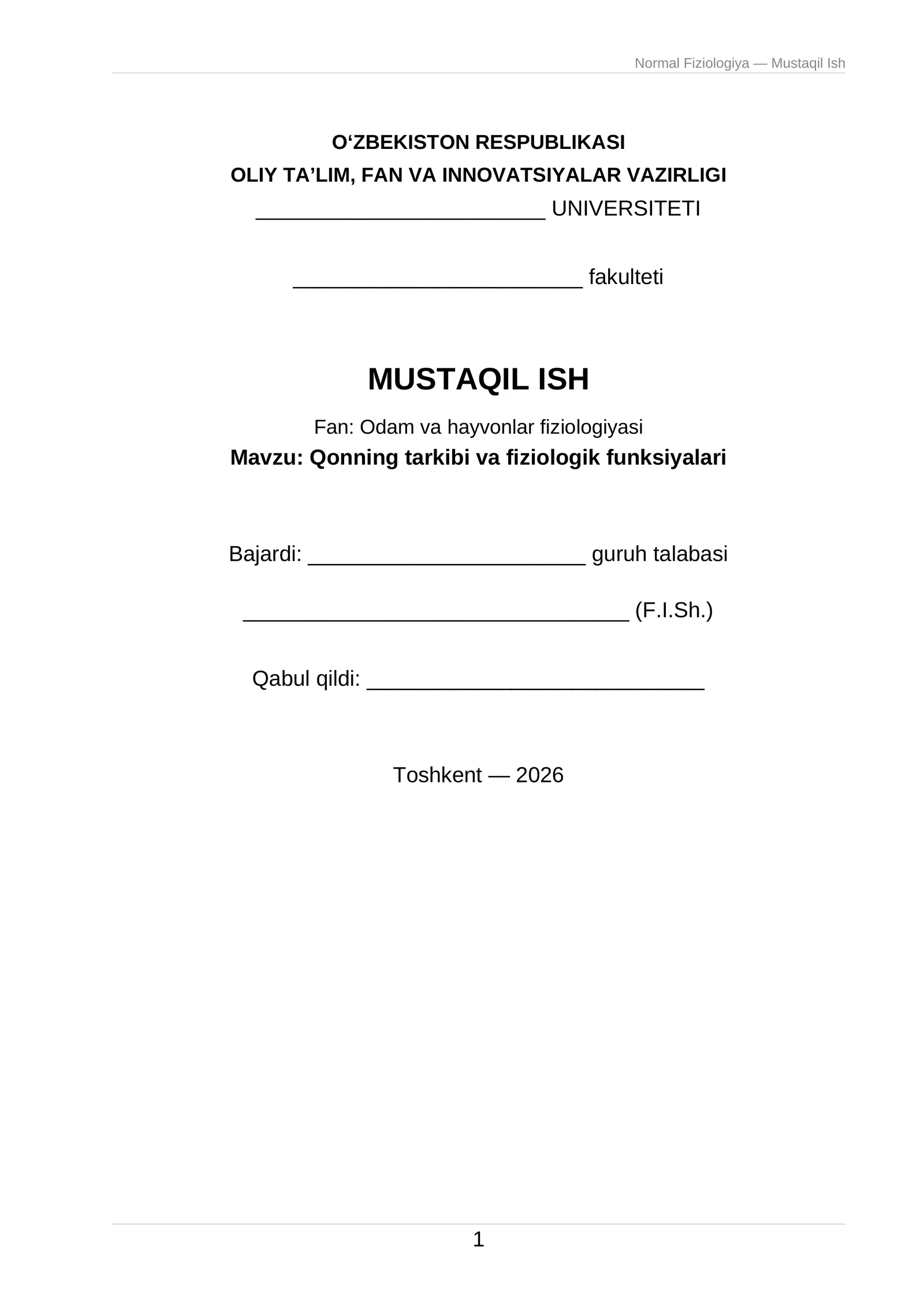 Normal Fiziologiya - Mustaqil Ish