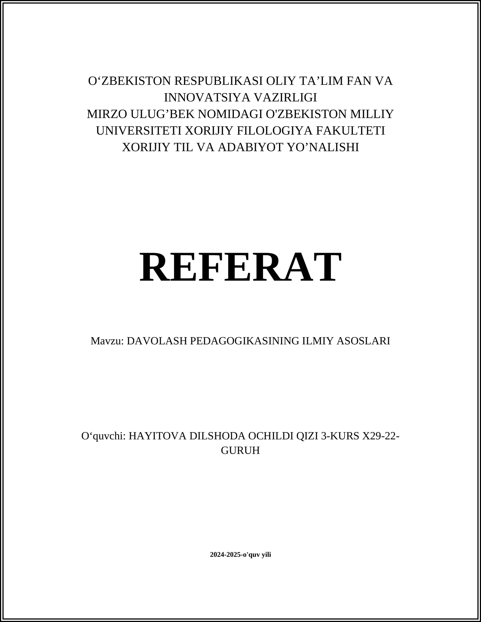 DAVOLASH PEDAGOGIKASINING ILMIY ASOSLARI