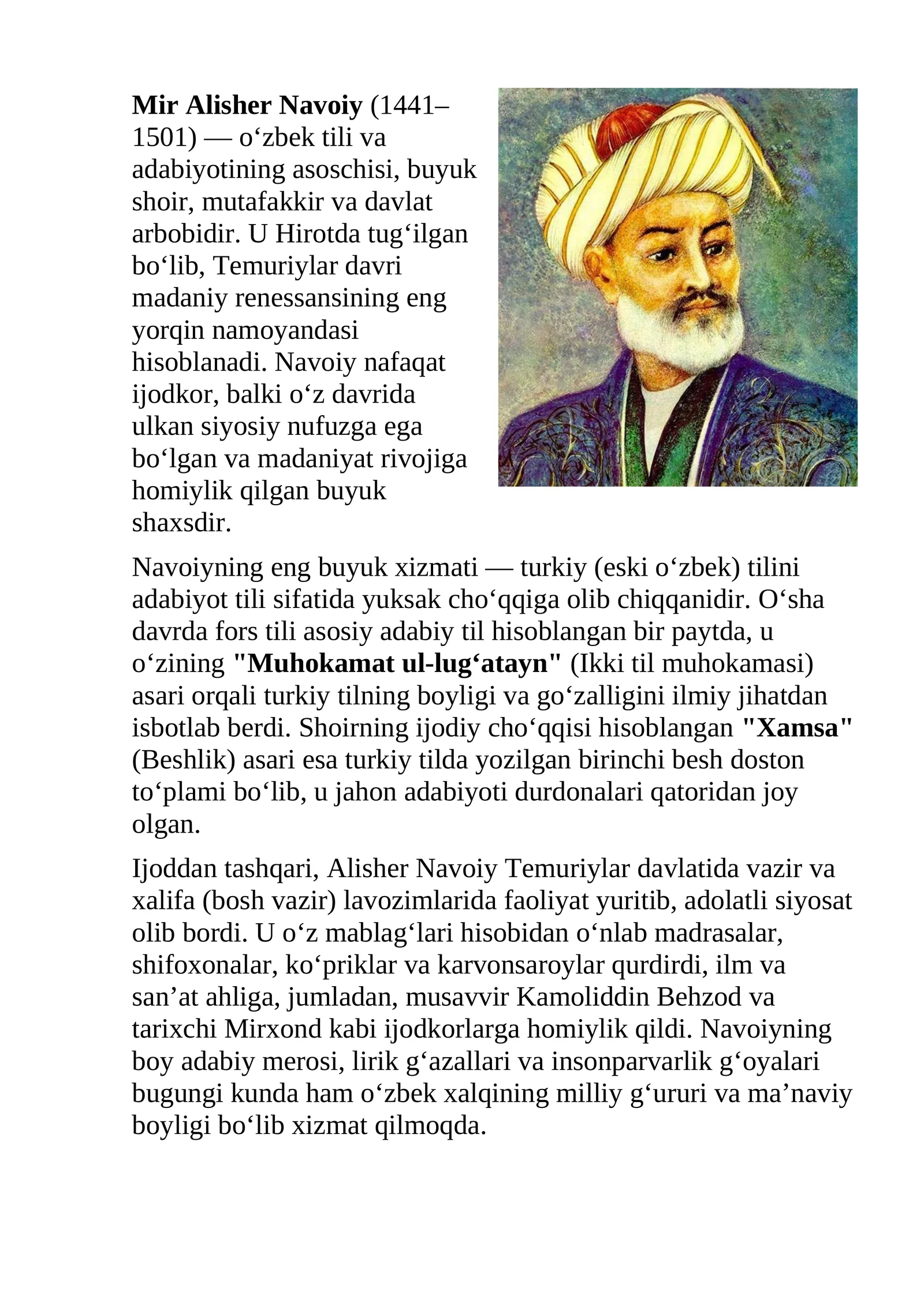 Alisher Navoiy haqida ma'lumot