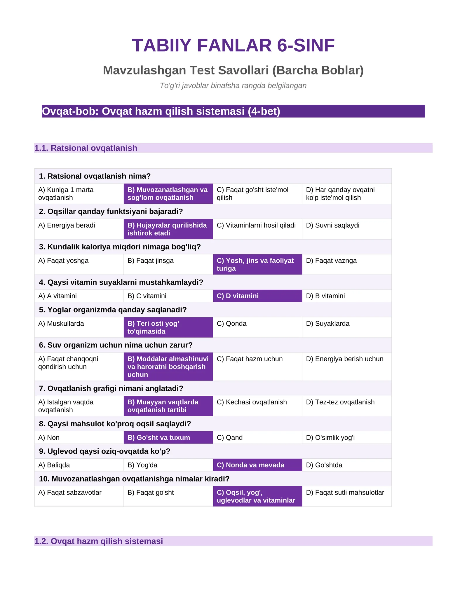 TABIIY FANLAR 6-SINF Mavzulashgan Test Savollari (Barcha Boblar)