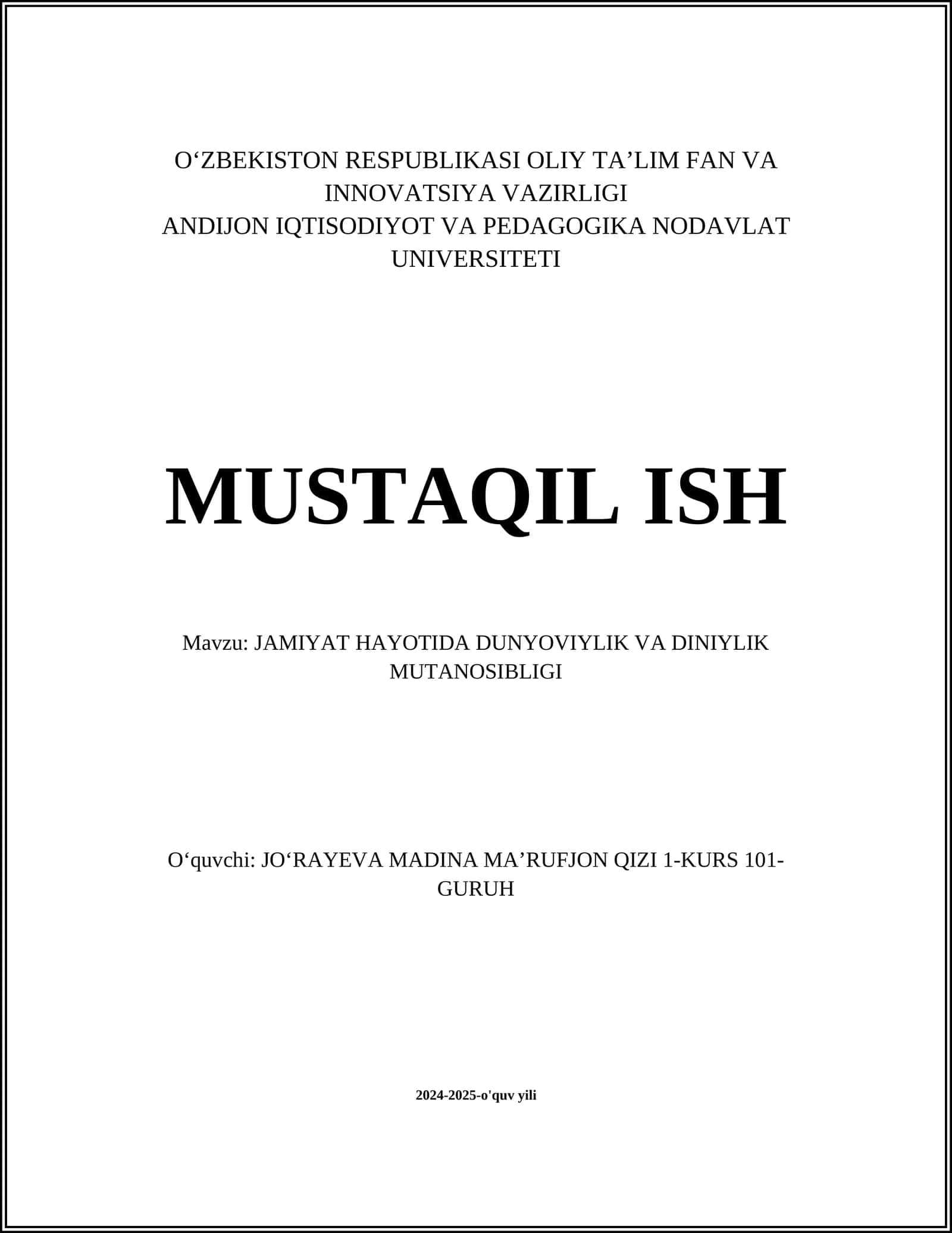JAMIYAT HAYOTIDA DUNYOVIYLIK VA DINIYLIK MUTANOSIBLIGI