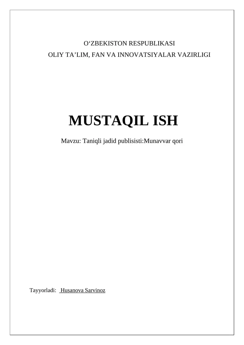 Munavvar Qori Abdurashidxonov: Hayoti va Ijodi