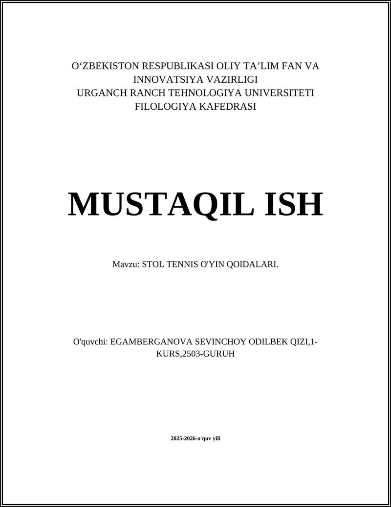 STOL TENNIS O'YIN QOIDALARI
