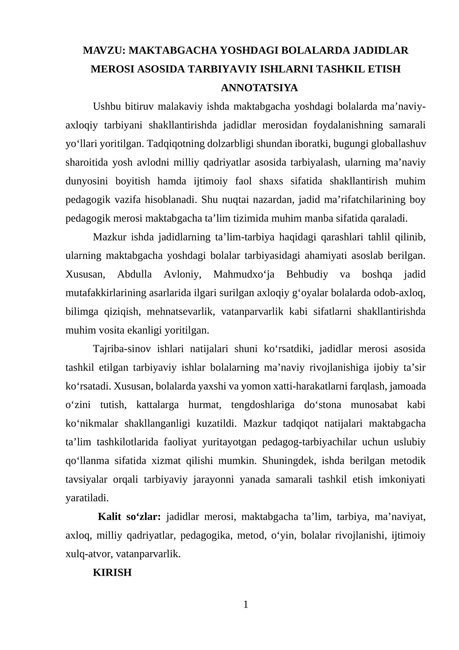 MAKTABGACHA YOSHDAGI BOLALARDA JADIDLAR MEROSI ASOSIDA TARBIYAVIY ISHLARNI TASHKIL ETISH