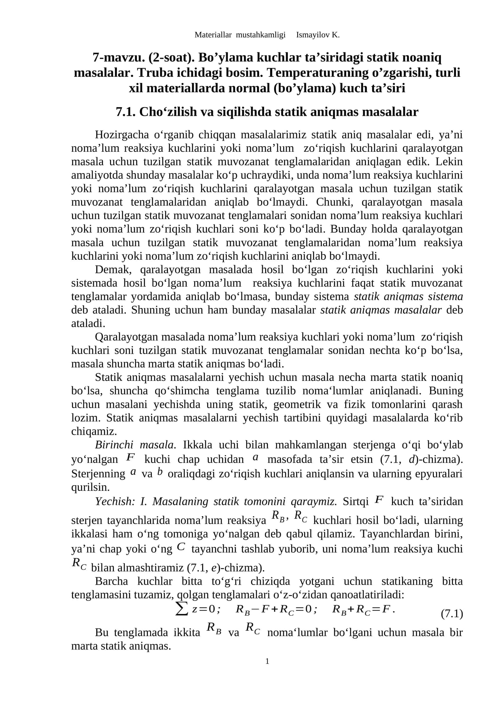 7.1. Cho‘zilish va siqilishda statik aniqmas masalalar