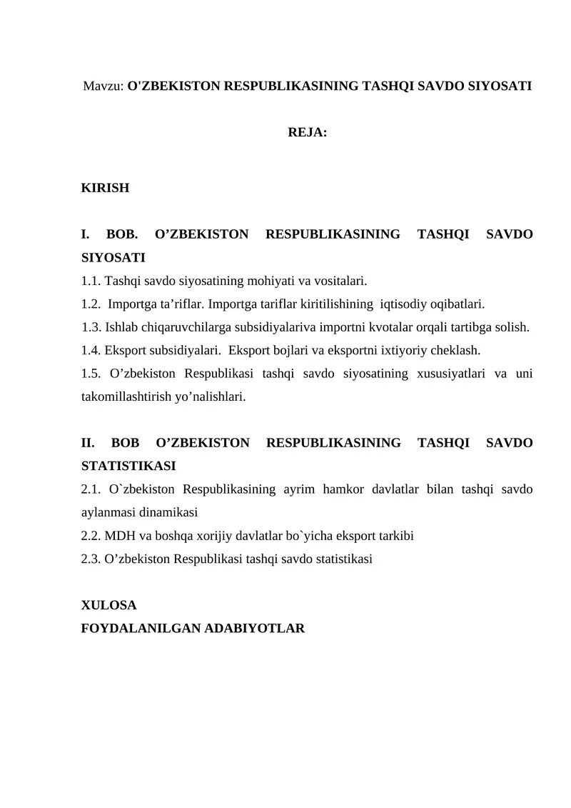 O'ZBEKISTON RESPUBLIKASINING TASHQI SAVDO SIYOSATI